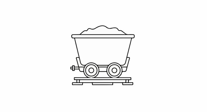 A simple line drawing of a coal mining cart filled with material on tracks