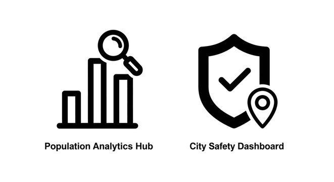 Population analytics hub and city safety dashboard outline icons with population