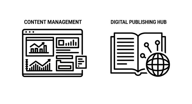 Content management system and digital publishing hub outline icons with internet