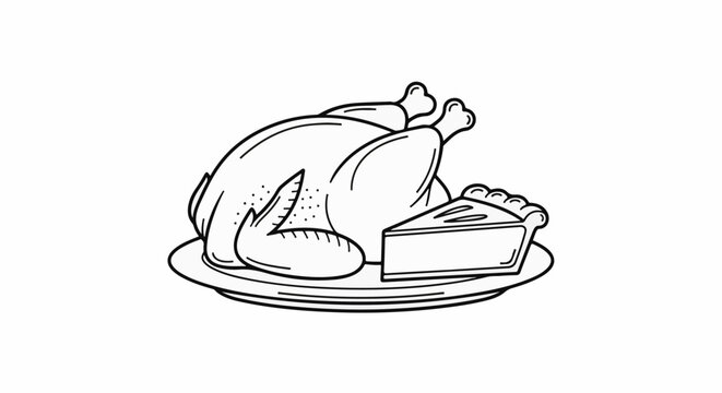 A line drawing of a roasted chicken and a slice of pie on a plate