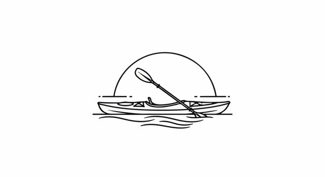 A minimalist line art depicts a kayak and paddle against a semicircle