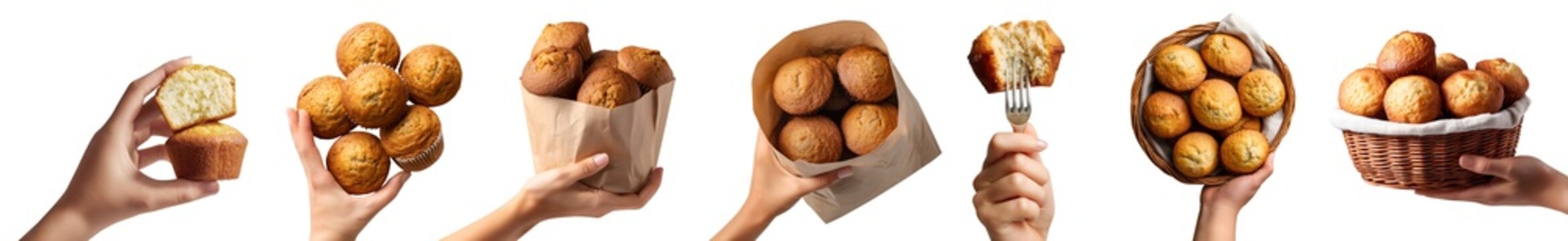 Set of hand holding muffin, classic plain basic quick bread cake in a cup-shaped container, rattan basket with napkin, fork, takeout paper bag, pile group stack bitten, transparent cutout PNG Mockup