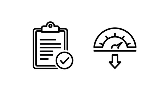 Business icons for clipboard checklist completion and performance decrease