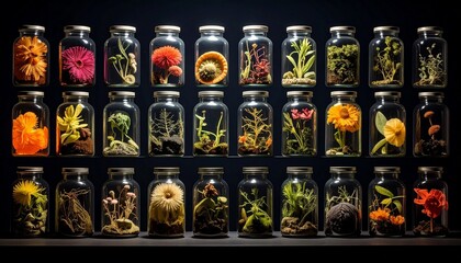 Fototapeta premium Collection of various plants and colorful flowers preserved in glass jars lined up in rows against a dark background for botanical research.