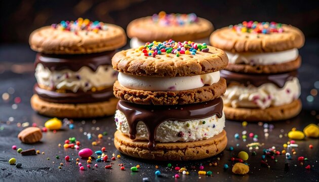Delicious gourmet ice cream sandwiches featuring creamy filling and rich chocolate drizzle decorated with colorful sugar sprinkles on dark table.