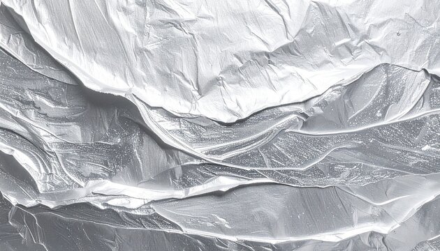 Abstract background featuring a detailed texture of crumpled silver metallic foil with soft shadows and highlights creating a modern surface.