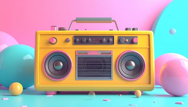 A vintage pink retro radio sits surrounded by festive balloons in a professional photography studio shot featuring a compact lens focus and old film technology design icon