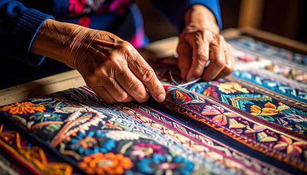 Close up of an elderly woman hands working on intricate traditional embroidery patterns on colorful textile fabric with skilled craftsmanship.