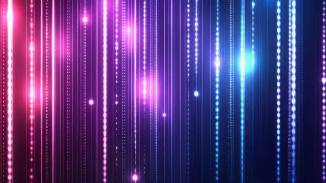 Vertical streams of light with a gradient from pink to blue. Dotted and solid lines, bokeh