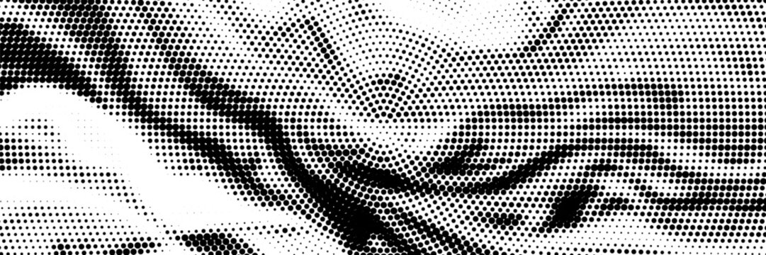 Radial halftone spotted gradient background. Dotted stains concentric texture with fading effect. Black and white circle shade wallpaper. Grunge rough vector. Monochrome geometric backdrop.