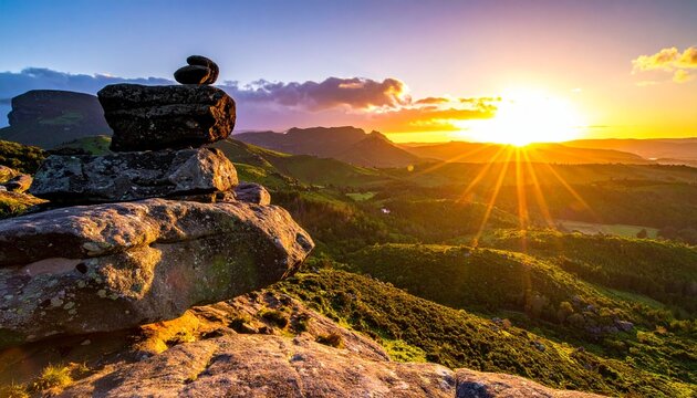 A serene balanced stone cairn perched on a high rocky cliff edge overlooking a beautiful vibrant sunset over the green rolling mountains.