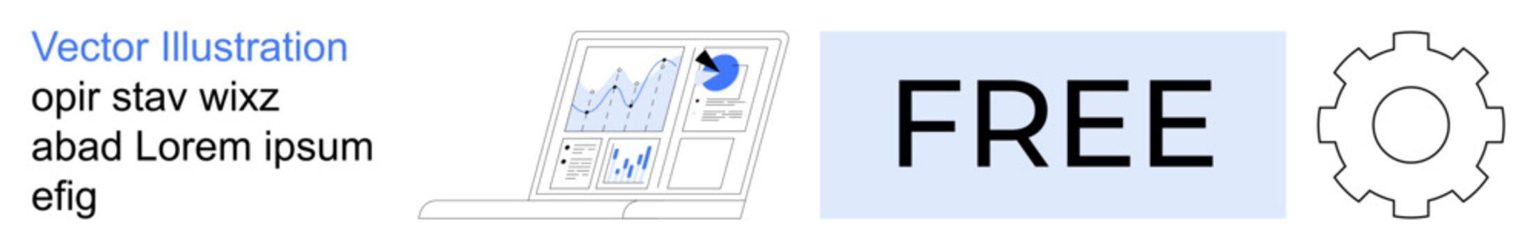 Data analytics, business growth, technology, free tools, optimization, marketing strategy. Laptop screen showing graphs, the word FREE and a gear icon. Data analytics and business growth concept