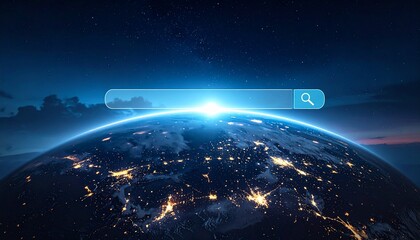 Obraz premium A digital search bar floating over the earth at night representing global internet connectivity and universal access to worldwide information.
