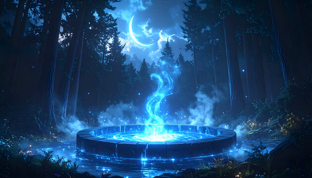 Mystical Blue Energy Portal in Enchanted Forest at Night.