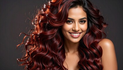Fototapeta premium A stunning portrait of a beautiful young woman with healthy voluminous long wavy brunette hair styled perfectly for a beauty commercial shoot.