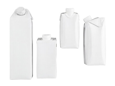 Various white blank carton packages, some with caps, perfect for beverage branding mockups.