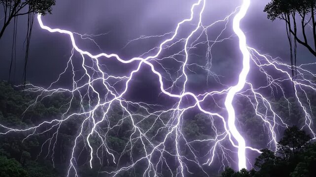 Powerful Electric Lightning Storm Hitting Tropical Forest at Night