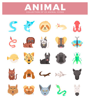 Flat icon set of 25 diverse animals arranged in a grid on a white background with pink header.
