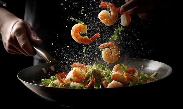 Gourmet prawn stir fry in frying pan 