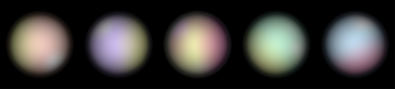 Vector set of 5 vibrant gradient bokeh spheres created with mesh gradient and radial blur, futuristic abstract orbs on black background.