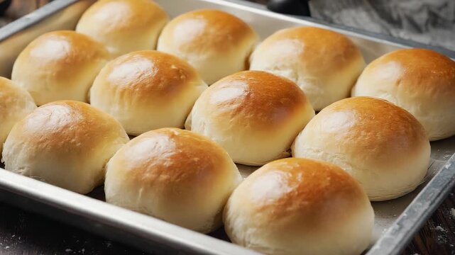 Freshly baked golden dinner rolls and soft buns arranged on a metal baking tray, perfect side bread for breakfast, brunch, or dinner