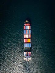 Top down aerial view of a large container ship in the deep blue ocean © sandsun