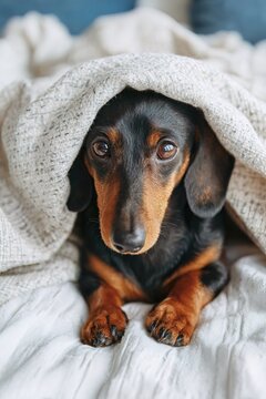 vertical shot dachshund is lying on bed covered by clean blanket. dog looks comfortable and relaxed. setting is indoors, and it's daytime. Natural light comes in from side