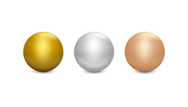 Set of vector illustrations featuring three metallic spheres in gold, silver, and bronze (copper) finishes. Glossy reflective balls, realistic highlights and subtle drop shadows.