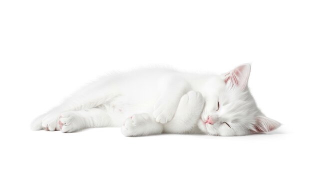 Sleeping white cat isolated on white background domestic animal in repose