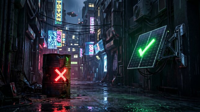 A dark alleyway with neon signs and a red and green check marks on electronic boards