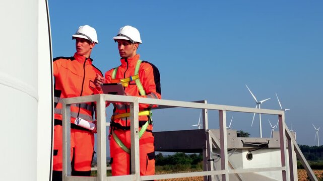 Two workers in orange safety gear and helmets inspect a wind turbine from an elevated platform at a wind farm under a clear blue sky