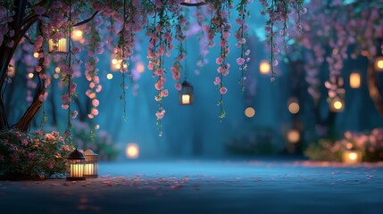 Naklejka premium Dreamy night garden with hanging lights and cascading pink flower curtain, soft celestial glow, magical ambiance, romantic outdoor scene, tranquil and enchanting atmosphere.