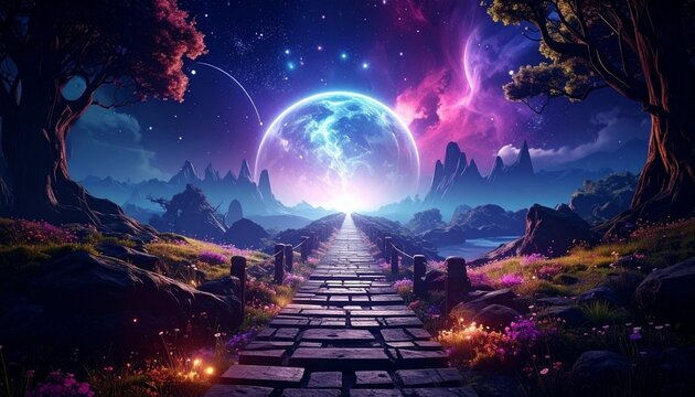 A breathtaking fantasy landscape featuring a glowing magical moon illuminating a wooden stone pathway through a mystical forest at night time.