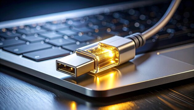 A glowing silver metallic universal serial bus connector resting on a modern portable laptop computer surface representing digital data transfer.