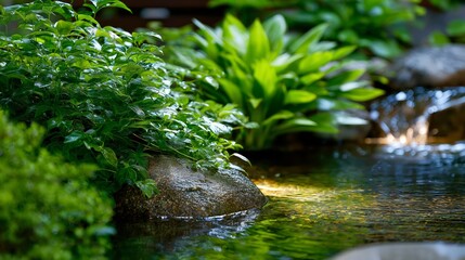Fototapeta premium Tranquil garden pond with soft underwater lighting, glowing water garden scene, gentle reflections, peaceful night ambiance, serene landscape design, calming nature setting.