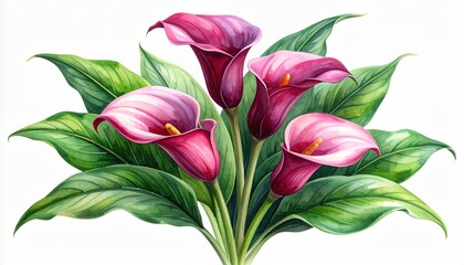 Obraz premium A beautiful bouquet of elegant purple calla lily flowers with vibrant green leaves isolated on a clean white background for design.