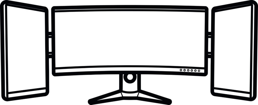 Black and white sketch of a triple monitor setup with central display and side screens
