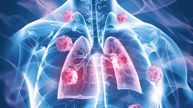 Professional medical image showcasing non-small cell lung cancer combined with detailed human thoracic anatomy, intuitive visualization of thoracic cavity structure, lung tissue distribution and tumor