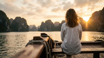 Fototapeta premium Woman on boat watching sunset over limestone karsts in Ha Long Bay