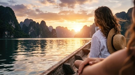 Fototapeta premium Woman on boat watching sunset over limestone karsts in Ha Long Bay