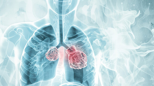 Professional medical image showcasing non-small cell lung cancer combined with detailed human thoracic anatomy, intuitive visualization of thoracic cavity structure, lung tissue distribution and tumor