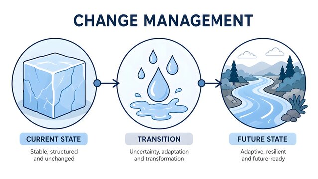Change Management Flat Vector Set: Current State Ice Block, Transition Melting Drops, Future State River, Connected Concept Icons