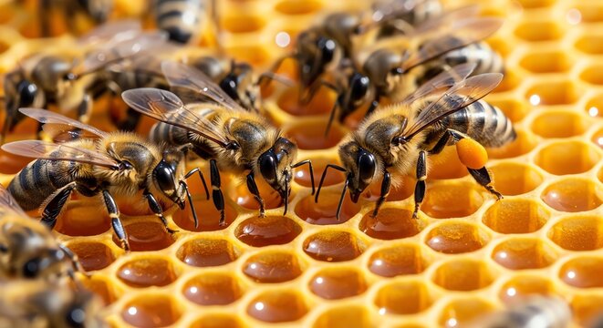 Honey bees working on a honeycomb filled with fresh honey in a hive.