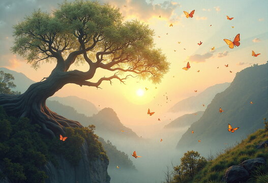 A serene landscape featuring a majestic, ancient tree with twisted branches standing tall on a rocky cliff, its leaves a vibrant green. 