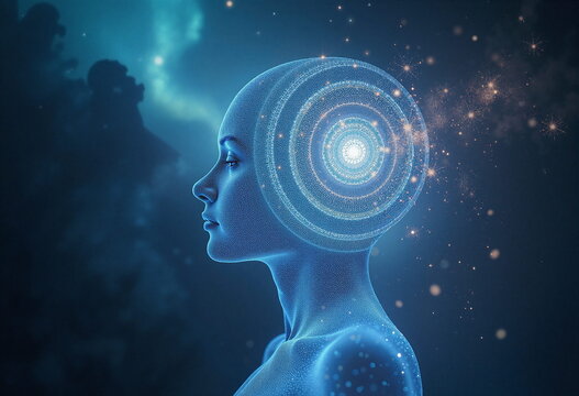 A digital illustration depicts a serene woman with a calm expression, her face turned slightly to the left, otherworldly elements surrounding her.