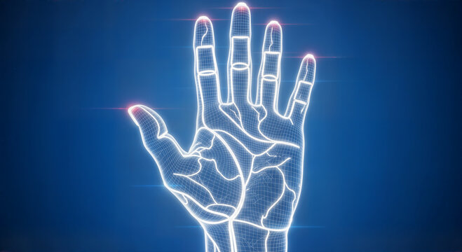 Human hand blueprint with red glowing pulse, biometric security scanning, futuristic technological anatomy, cyber identification interface, digital skeletal structure art design decoration.