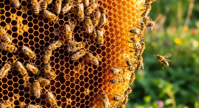 Honeybees working on honeycomb frame in apiary at sunset.