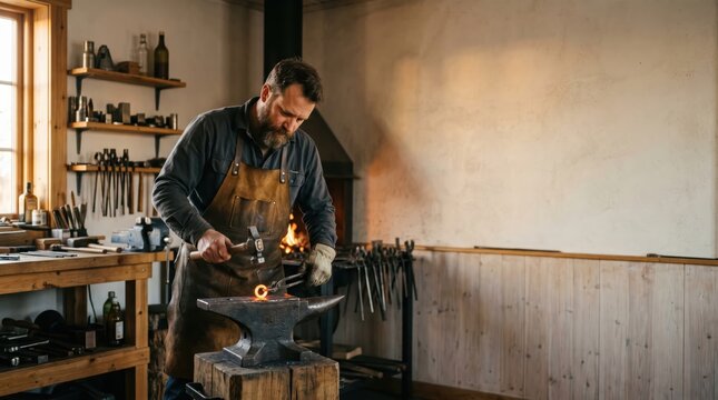 Blacksmith hammering hot metal on anvil in workshop
