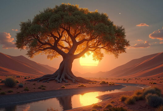 A serene desert landscape at sunset, featuring a majestic, solitary acacia tree with a thick trunk and sprawling branches. 