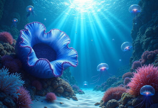 A vibrant underwater scene featuring a large, deep blue anemone with a central opening, illuminated by sunlight filtering through the surface. 